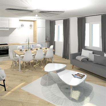 Rénovation d’une pièce de vie et autres pièces de l’habitation au centre-ville de Lyon. Dominante de bois et de blanc ... Domozoom