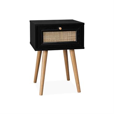 Table de chevet noire effet bois / cannage 1 tiroir