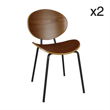 Lot de 2 chaises en bois foncé et pieds en métal noir