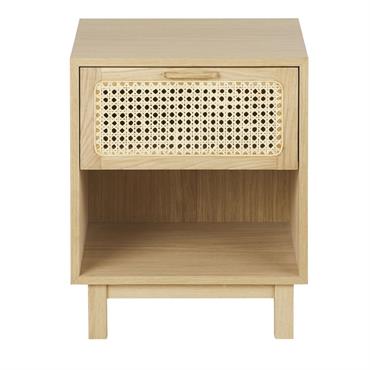 Table de chevet 1 tiroir 1 niche et cannage en rotin beige