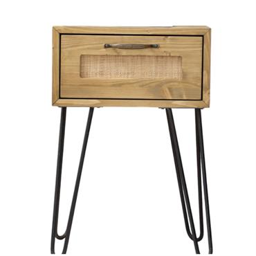 Table de chevet en bois de sapin et raphia couleur marron