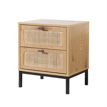 Chevet 2 Tiroirs Aspect Chêne avec Cannage Rotin - H51cm