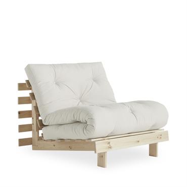Fauteuil convertible 90x200cm en bois naturel et tissu - Écru