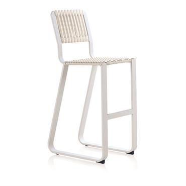 Tabouret en aluminium et fibre synthétique blanche avec coussin bleu
