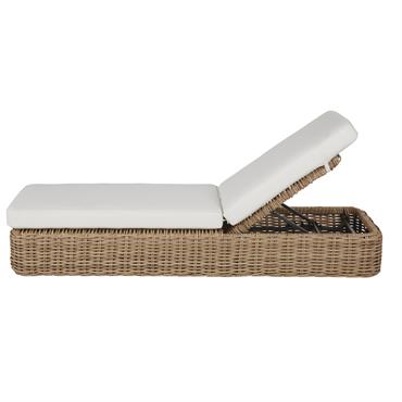 Bain de soleil en résine tressée recyclé imitation rotin et coussins blanc