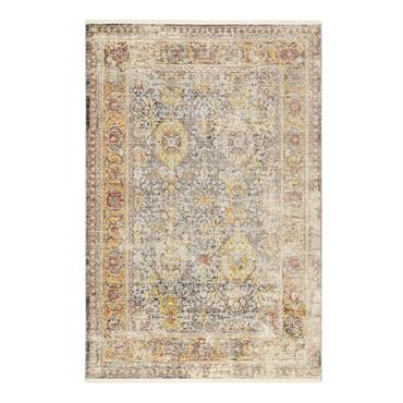 Tapis vintage bohème à poils ras et franges gris jaune 190x130