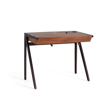Bureau de style avec 2 tiroirs, conçu en bois massif de manguier et pieds métalliques, doté de guides métalliques et de 2 compartiments sur le dessus. Les nuances naturelles du ...