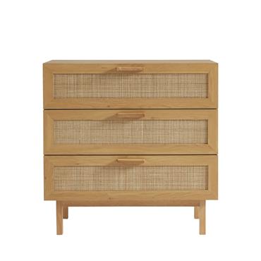 Commode 3 tiroirs en bois et cannage L85cm - Bois clair