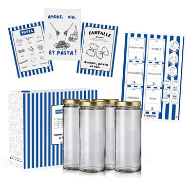 Boite de 4 bocaux en verre 1L avec étiquettes et affiches Pasta Lovers