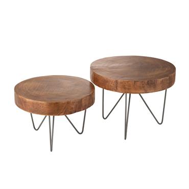 Set de 2 tables basses gigognes rondes en bois et métal