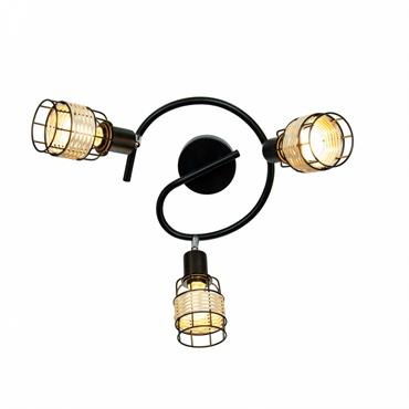 Plafonnier 3 lumières en métal noir et rotin tressé naturel