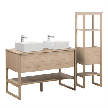 Meuble de salle de bain avec Vasques et Colonne effet bois clair