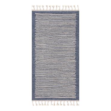 Tapis scandinave à franges tressées bleu et crème 80x300cm