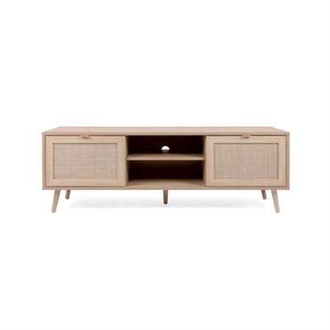 Alliant design vintage et rangement malin, découvrez notre Meuble TV 2 portes L150 cm - Impression Rotin - Bali ! Ses niches de rangement sont là pour accueillir vos télécommandes, ...