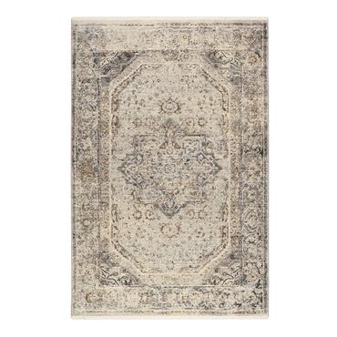 Tapis vintage bohème à poils ras et franges gris bleu beige 190x130