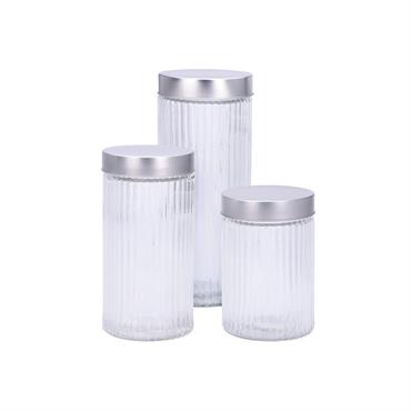 Set de 3 bocaux de cuisine hermétique verre strié et métal chromé