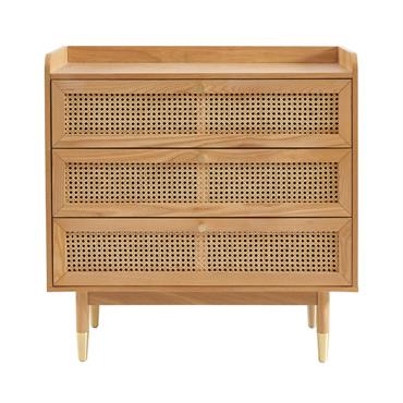 Commode placage chêne et cannage rotin 3 tiroirs 85cm
