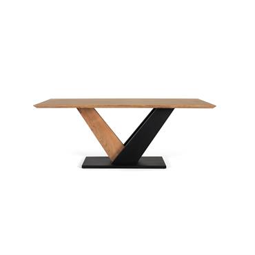 Table rectangulaire de salle à manger, confectionnée en bois d'acacia et en métal, présentant une surface sujette à des variations de design en raison de la nature authentique du bois. ...