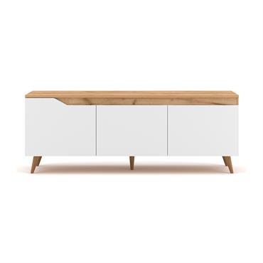 Meuble TV scandinave 3 portes L140 cm - Décor bois clair et blanc
