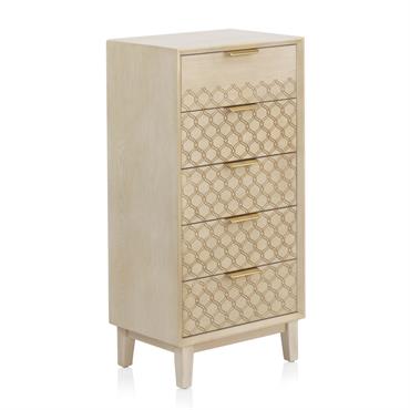 Commode 5 tiroirs en placage chêne et coloris beige