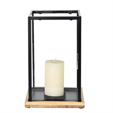 Photophore métal socle en bois 30x18 cm