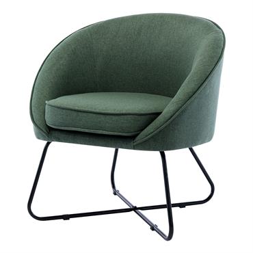Fauteuil design tissu vert forêt pieds métal noir