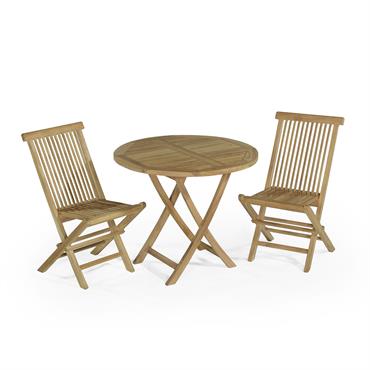 Salon de jardin en Teck massif Daru - Table ronde pliante Adomée diamètre 90 cm + 2 chaises pliantes JavaLe salon de jardin en teck Daru comprend la table ronde ...