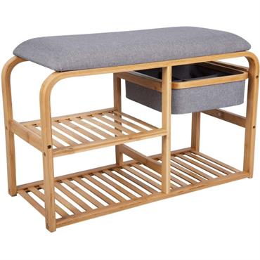 Banc en bambou avec étagères et panier de rangement