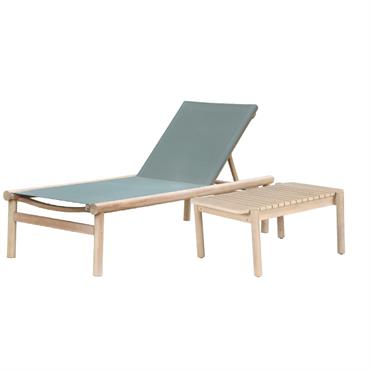 Ensemble bain de soleil et table basse bois d'acacia et textilène kaki