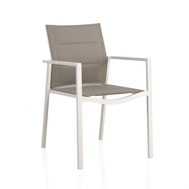 Lot de 4 fauteuils en aluminium blanc et assise couleur taupe
