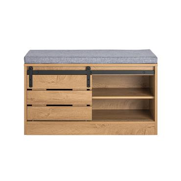 Banc à chaussures industriel avec porte coulissante effet bois nature