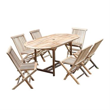 Ce salon de jardin en teck peut recevoir de 4 à 6 personnes. Il est composé d'une table ovale équipée d'une rallonge papillon et de 6 chaises pliantes en teck ...