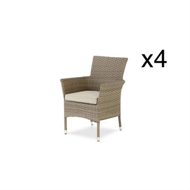 Chaise empilable pour salle à manger d'extérieur réalisée avec structure en aluminium et rotin synthétique tissé à la main de couleur beige brunâtre foncé et coussins en polyester de 230 ...