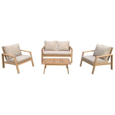 Salon de jardin 4 places en acacia avec coussins sable