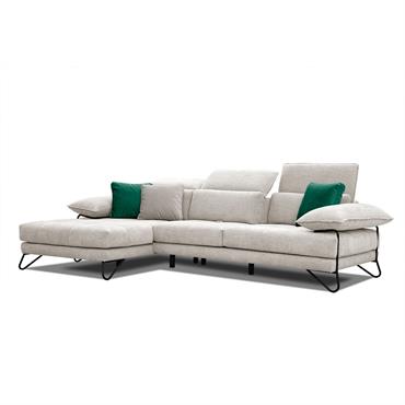 Canapé d'angle gauche 4 places en tissu beige foncé avec coussins déco