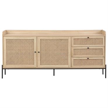 Buffet 2 portes 3 tiroirs en cannage naturel et effet chêne 180 cm