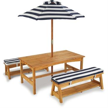 Ensemble table et bancs d'extérieur avec parasol enfant bleu