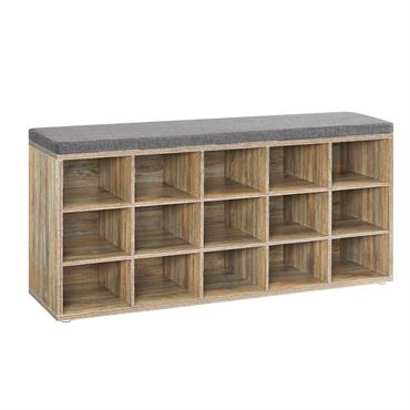 Banc à chaussures assise rembourrée et 15 compartiments chêne et gris
