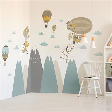Stickers enfant montagnes scandinaves et animaux volants 100 x 150 cm