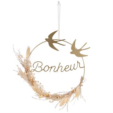 Déco murale couronne à suspendre en métal doré et fleurs séchées beiges 25x30
