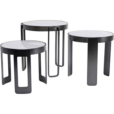 3 tables basses en verre effet marbre blanc et acier noir