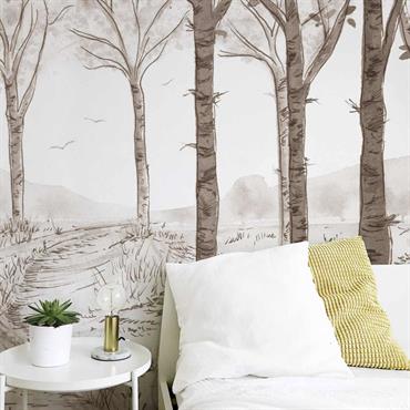 Papier peint panoramique paysage forêt de bouleau brun 450x250cm