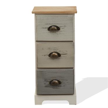 Table de chevet colorée avec 3 tiroirs en bois blanc beige et gris