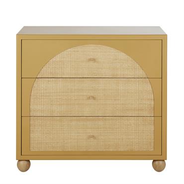 Commode haute 3 tiroirs ocre et rotin tressé