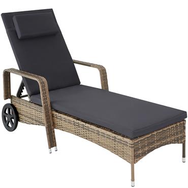Bain de soleil en rotin Coussin et roulettes marron naturel/gris foncé