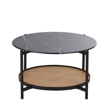 Table basse ronde en verre trempé imprimé imitation marbre et métal noir D75