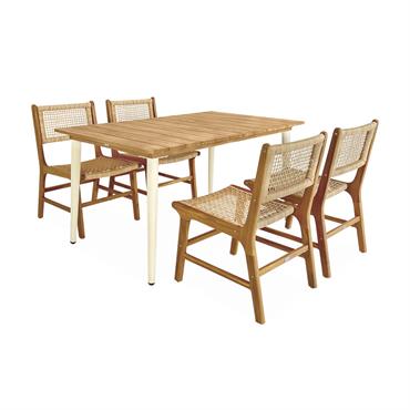 Table de jardin acacia métal et cannage 4 chaises ivoire
