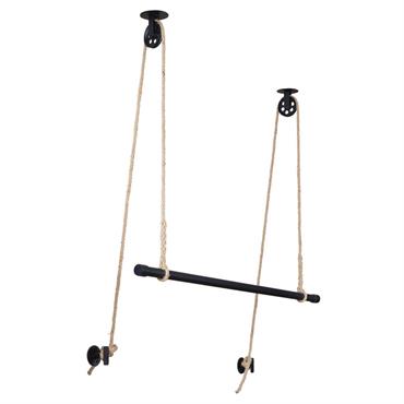 Penderie suspendue bois L100cm noir avec corde et poulie LANO