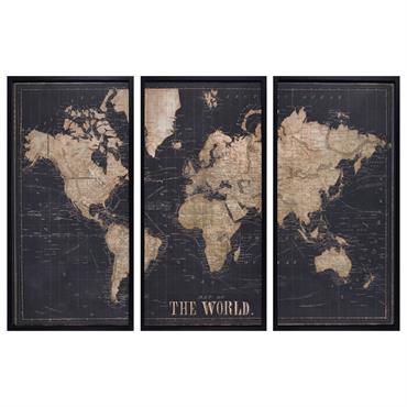 Déco murale triptyque carte du monde beige et gris anthracite 180x120