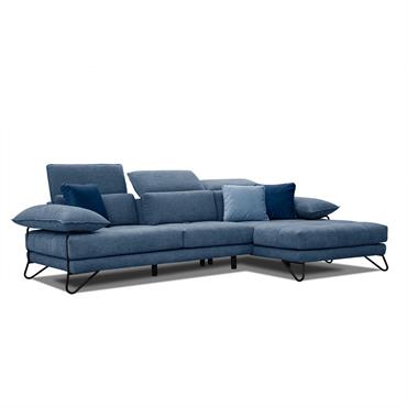 Canapé d'angle droit 4 places en tissu bleu foncé avec coussins déco